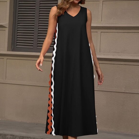 Women's Boho Maxi Dress Sleeveless V Neck Side Slit Casual Summer Dress - Picture 4 of 8